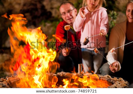 Family at the barbecue in the evening, they grilling marshmallows