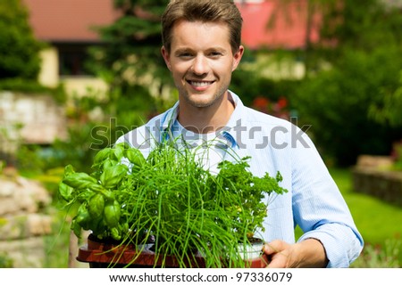 Gardening in summer - happy man with different kind of fresh herbs
