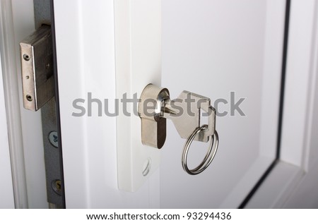 plastic white door, lock and key