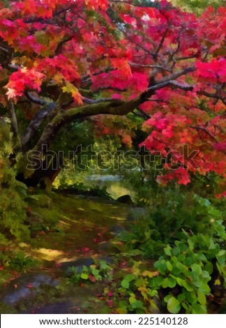 The small hidden path with stones in autumn park. Stylized as painting.