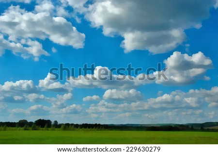 Summer landscape with green field and trees under cloudy blue sky. Stylized as painting.