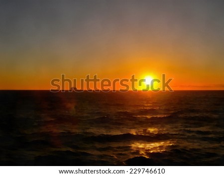 Sunset in ocean with cruise ship silhouette. Stylized as painting.