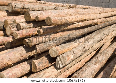 Wood fuel is eco friendly - stack of logs against bright blue sky with few clouds.
