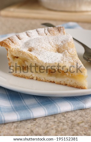 Slice of hot apple pie dusted with icing sugar shot with shallow depth of field
