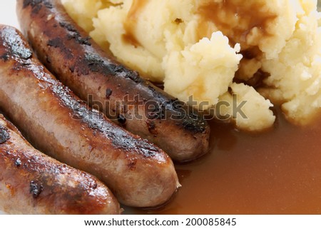 Bangers and Mash a hearty meal of sausages and mashed potato with gravy