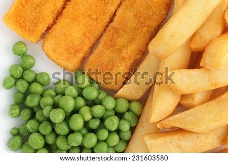 Fish fingers chips and peas a popular children\'s menu item
