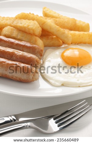 Sausage fried egg and chips a popular cafe menu item
