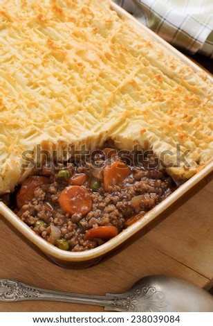 Cottage pie or shepherd\'s pie a minced meat and vegetable pie with a topping of mashed  potato