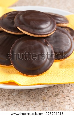Jaffa cakes a sponge base cake with a layer of orange flavoured jelly coated with dark chocolate