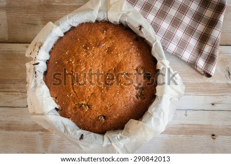 Traditionally home baked fruit sponge cake straight out of the oven top down view