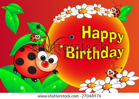Ladybug And Flowers - Birthday Card For Kids Stock Vect
