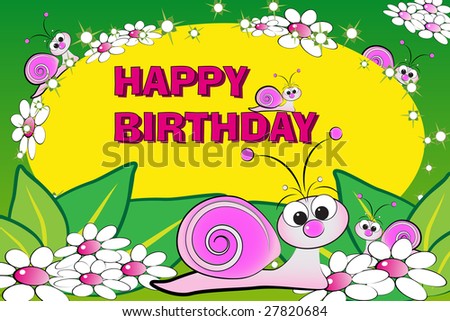 Snail And Flowers - Birthday Card For Kids Stock Photo 