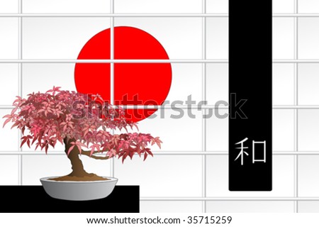 red japanese maple bonsai. stock vector : Japanese maple bonsai in front of a windows with red sun and black