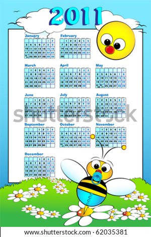stock vector : 2011 Kid calendar landscape with a baby boy bee and daisies - stock vector : 2011 Kid calendar landscape with a baby boy bee and daisies -