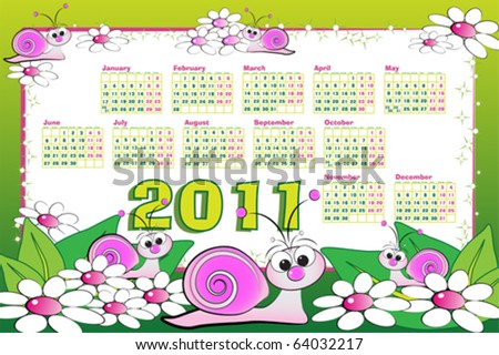 stock vector : 2011 calendar with snails, flowers and leaves. Cartoon 