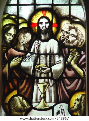 stained glass in Catholic church. Last supper