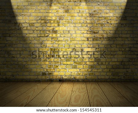 room interior vintage with yellow brick wall and wood floor background and three spots