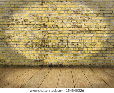 room interior vintage with yellow brick wall and wood floor background