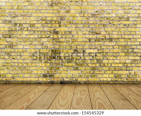 room interior vintage with yellow brick wall and wood floor background