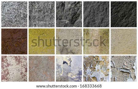 collection of different stone and wall backgrounds, isolated on white.