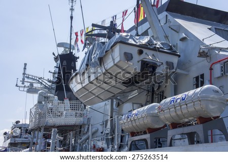 KUANTAN, PAHANG, MALAYSIA - MAY 02 2015: Rescue boat with life raft ready for emergency situation on battle ship in conjunction with 81st Army Day at the base of the Royal Malaysia Navy Tanjung Gelang