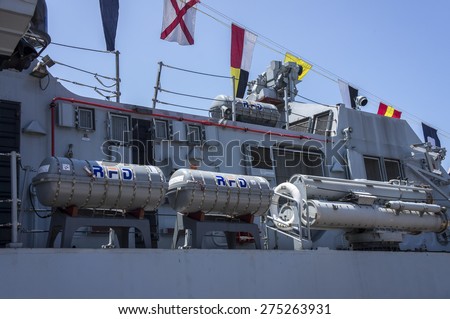 KUANTAN, PAHANG, MALAYSIA - MAY 02 2015: Life raft ready for emergency situation on battle ship in conjunction with 81st Army Day at the base of the Royal Malaysia Navy Tanjung Gelang