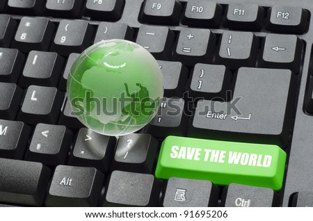 save the world words and globe on green and black keyboard button
