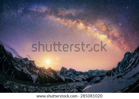 Night Pearls. The dome of the Milky Way under the main Himalayan ridge. There are 3 of the 5 highest mountains in world - Everest (8,850 m), Lhotse (8,516 m) and Makalu (8,485 m).