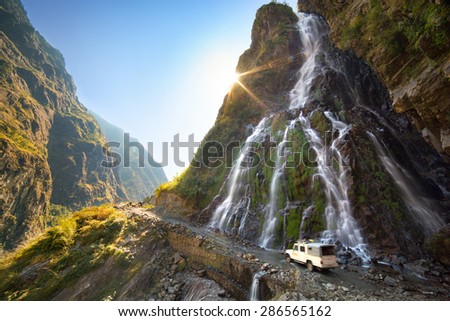 Roadside waterfall. Nepal, Himalayas, Annapurna Conservation Area.