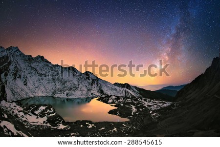Hills around Gosaikunda lake (4,438 m) in Himalayas and the Milky Way galaxy above this sacred place. Nepal, Langtang region.