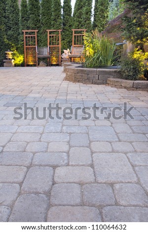 Garden Paver Patio with Trellis Japanese Stone Lantern Pagoda Waterfall Pond and Landscaping Lights
