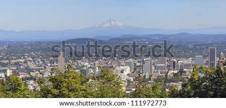 Portland Downtown Cityscape and Landscape with Mount Hood and Trees Panorama
