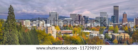Portland Oregon Downtown City Skyline with Mount Hood in the Colorful Fall Panorama
