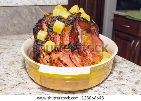 Baked Spiral Cut Honey Ham with Cloves and Pineapple Chunk