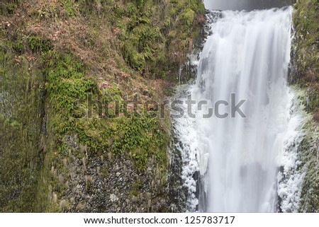 Multnomah Falls in Columbia River Gorge in Winter Lower Section Closeup