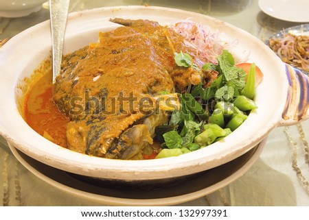 Nyonya Fish Head Curry with Mint Leaves Okra Tomato and Onions