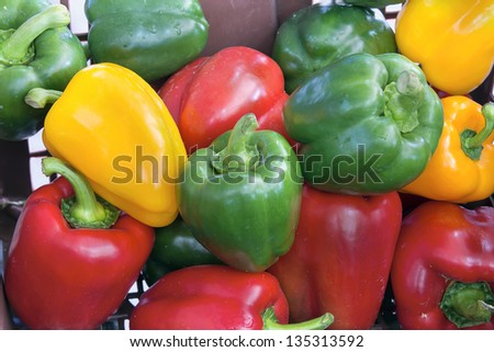 Colorful Red Green Yellow Bell Peppers at Southeast Asian Wet Market Closeup