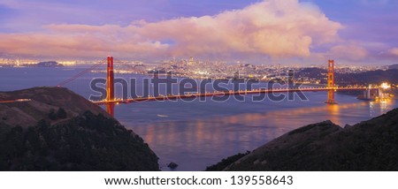 San Francisco Northern California Golden Gate Bridge at Blue Hour with Cumulus Clouds Panorama