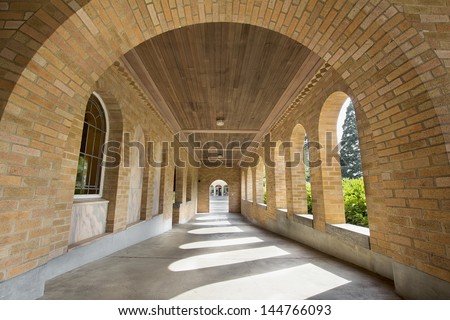 Stone Bricks Arch Walkway with Wood Planks Ceiling