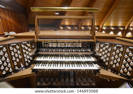 Church Pipe Organ Keyboards Pedalboard and Control Buttons