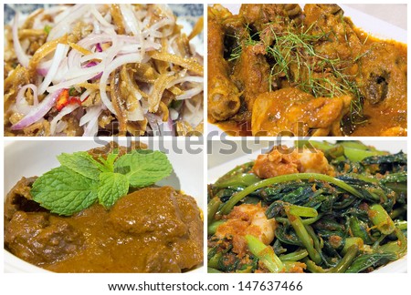 Nyonya Peranakan Food Collage with Beef Rendang Curry Chicken Ikan Bilis Chili Onions and Kangkong Prawns Dish Closeup Collage