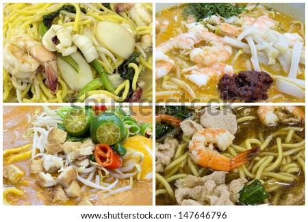 Southeast Asian Singapore Hawker Food Stall Noodles Dishes Closeup Collage