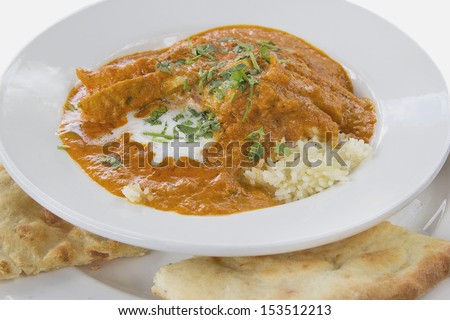 East Indian Butter Chicken Curry Over Basmati Rice with Naan Bread
