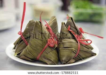 Glutinous Rice Dumpling Wrapped in Bamboo or Large Flat Leaves Closeup