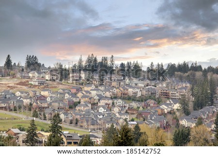 Cloudy Sunset Over USA North America Suburban Residential New Subdivision in Happy Valley Oregon