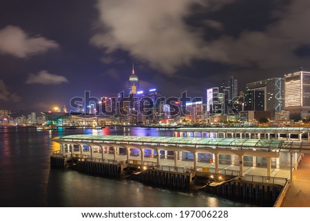 Hong Kong Central Ferry Pier with City Skyline at Night