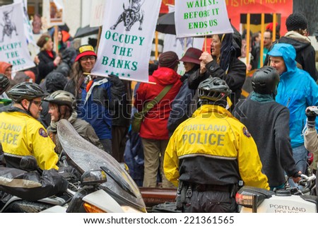 PORTLAND, OREGON - NOVEMBER 17, 2011: Portland Police in Downtown Portland, Oregon during a Occupy Portland Protest Against Banks on the first anniversary of Occupy Wall Street