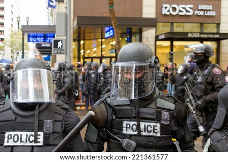 PORTLAND, OREGON - NOVEMBER 17, 2011: Portland Police in Riot Gear Closeup in Downtown Portland, Oregon during a Occupy Portland Protest Against Banks on the first anniversary of Occupy Wall Street