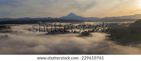 Sunrise over Mount Hood and Foggy Sandy River in Scenic Oregon Panorama
