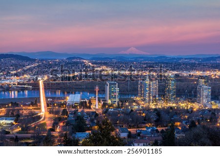 Portland Oregon South Waterfront with Ross Island Bridge Mount Hood Along Willamette River during Alpenglow Sunset